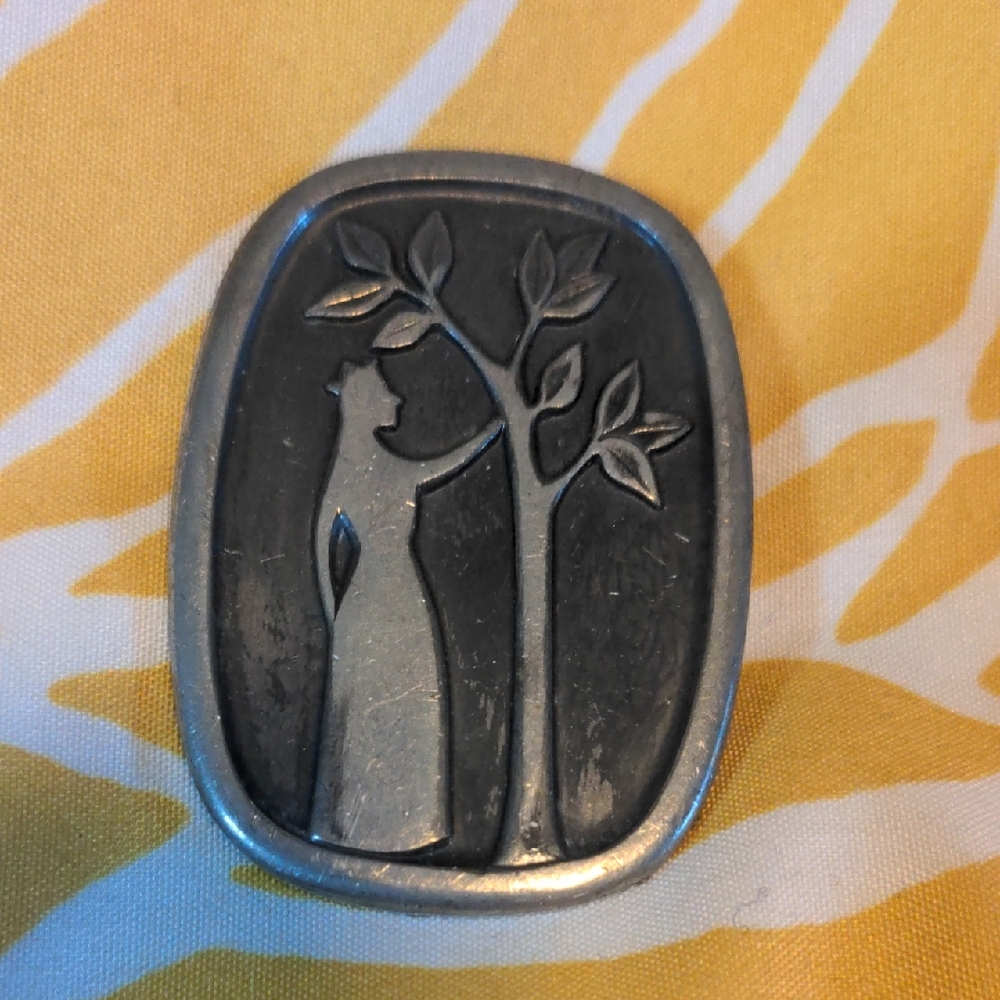VTG Vintage Silver Brooch Woman and Tree HS Hardanger Sylvplett Pewter
